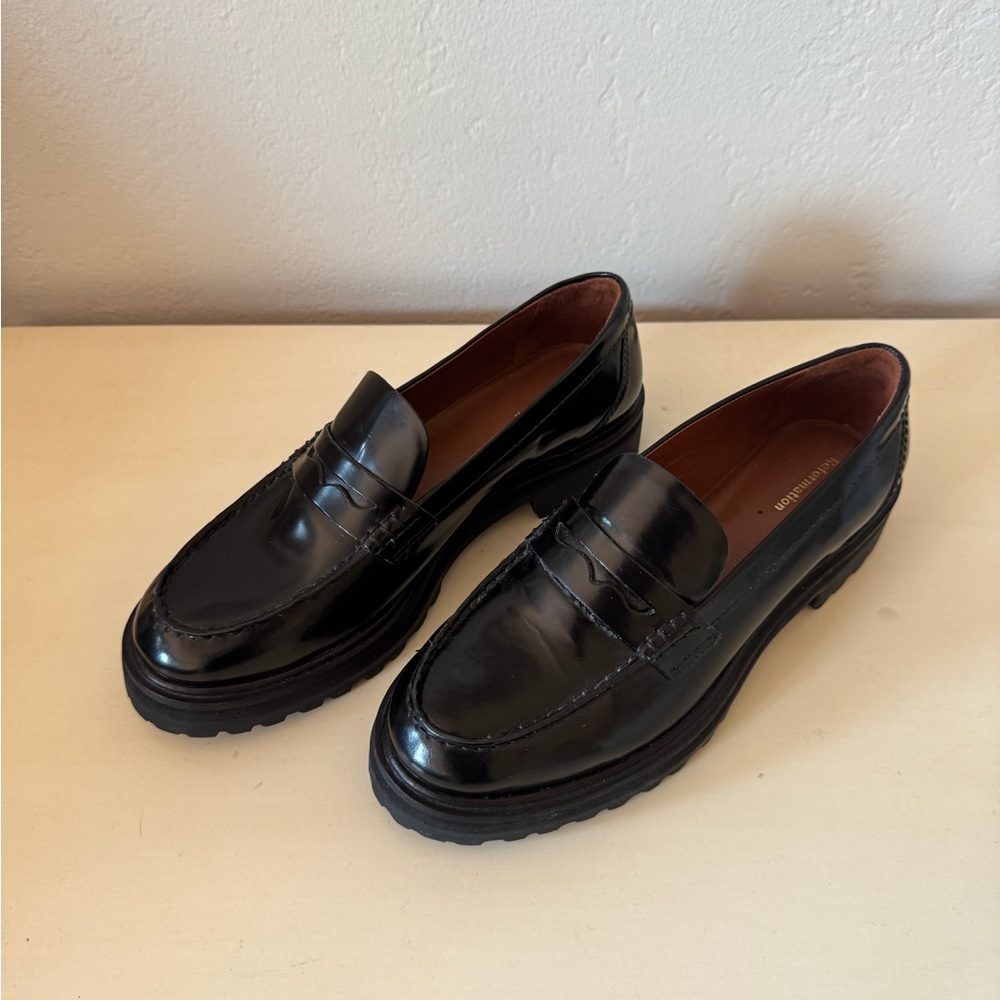 Reformation Black Leather Women’s Lug-Soled Penny Loafers